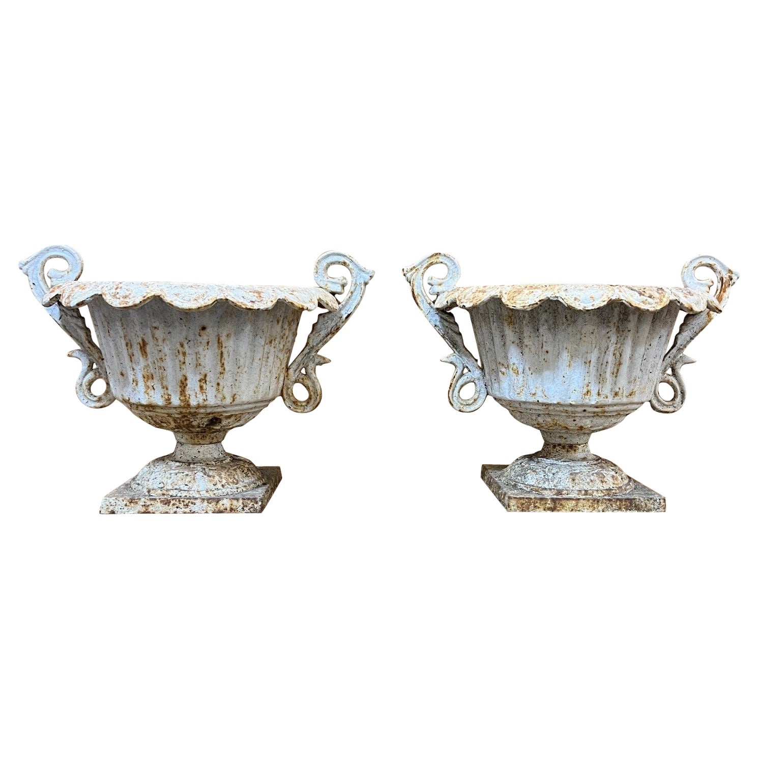 Mid-20th Century Small Pair of Cast Iron Fluted Urns with Decorative Handles For Sale