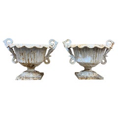 Retro Mid-20th Century Small Pair of Cast Iron Fluted Urns with Decorative Handles