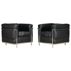 Pair of 'Lc2' Black Leather Club Chairs by Le Corbusier for Cassina, Signed