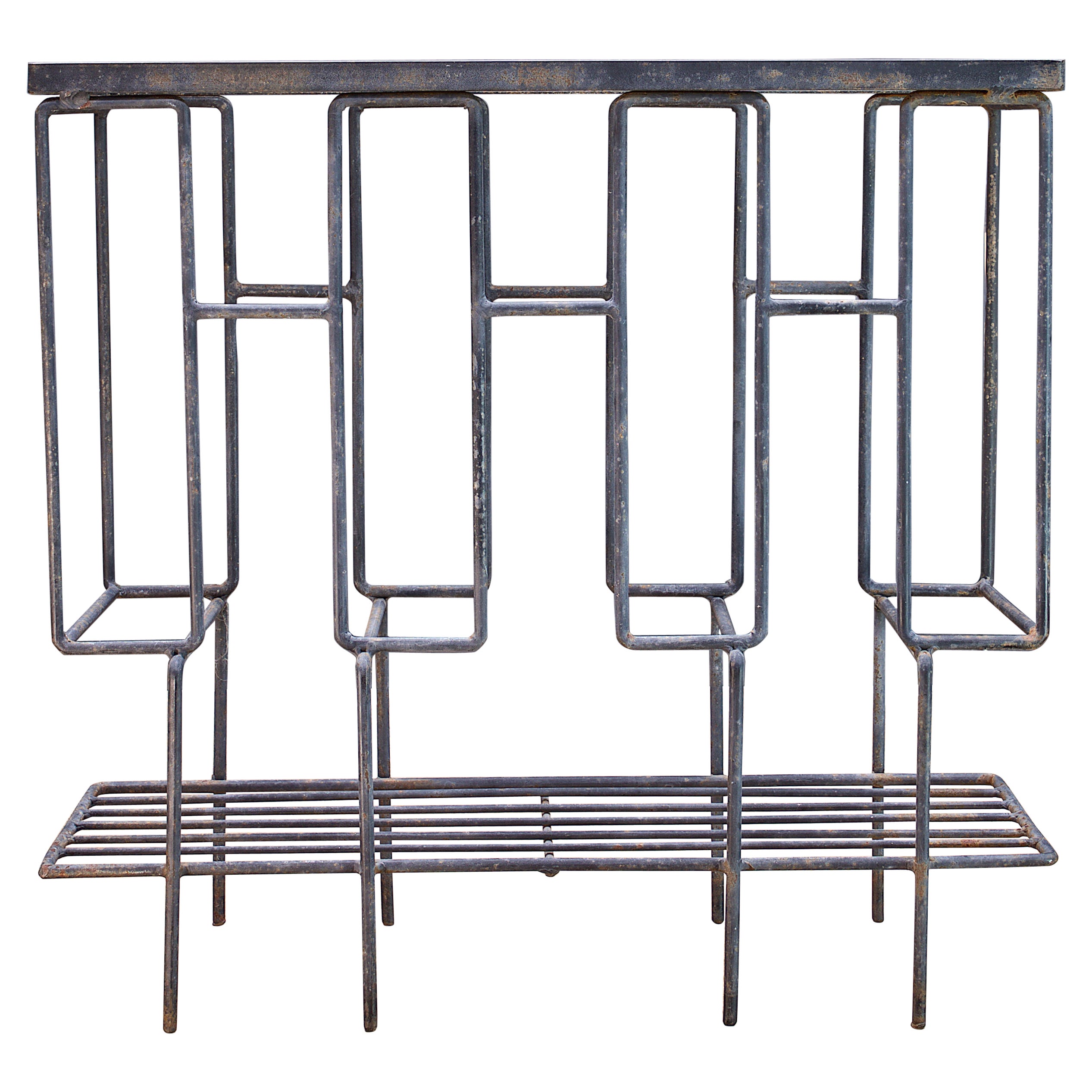 1950s Shelf Entryway Table Patinated Black Iron Rod like Sol Bloom Record Rack For Sale