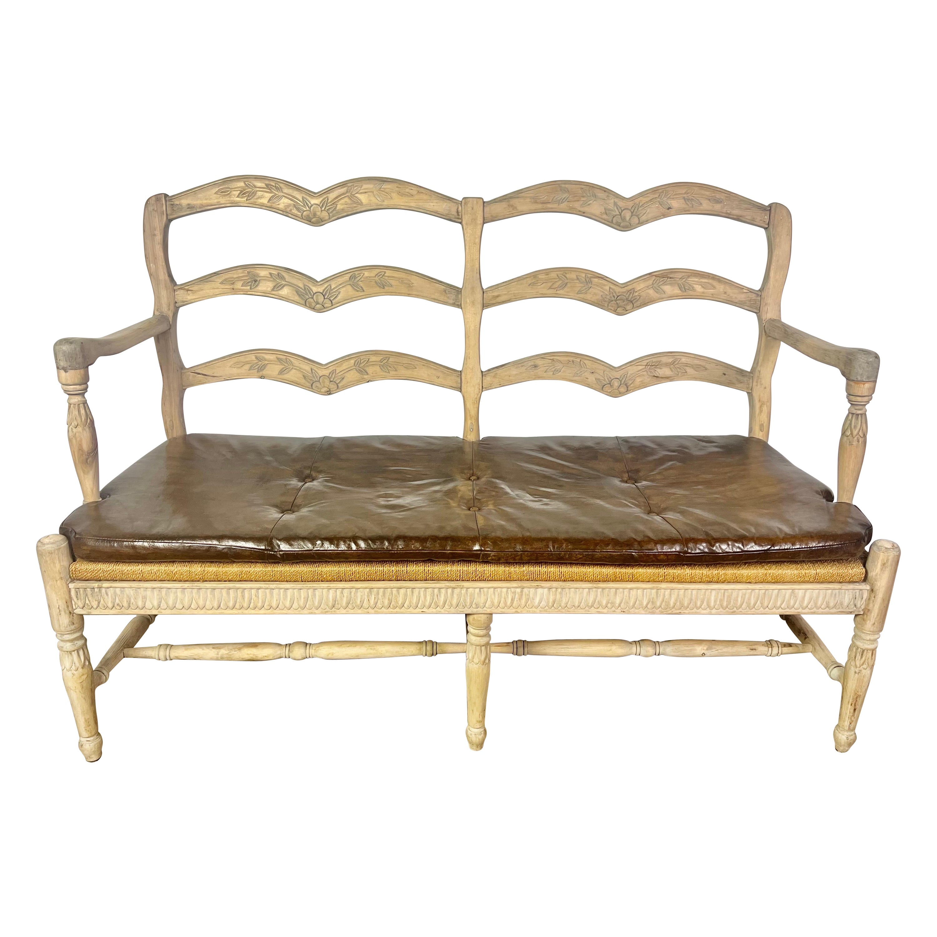 French Provincial Style Bench w/ Rush Seat & Leather Cushion For Sale