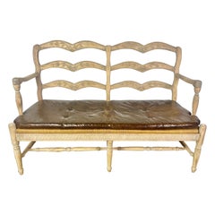 French Provincial Style Bench w/ Rush Seat & Leather Cushion