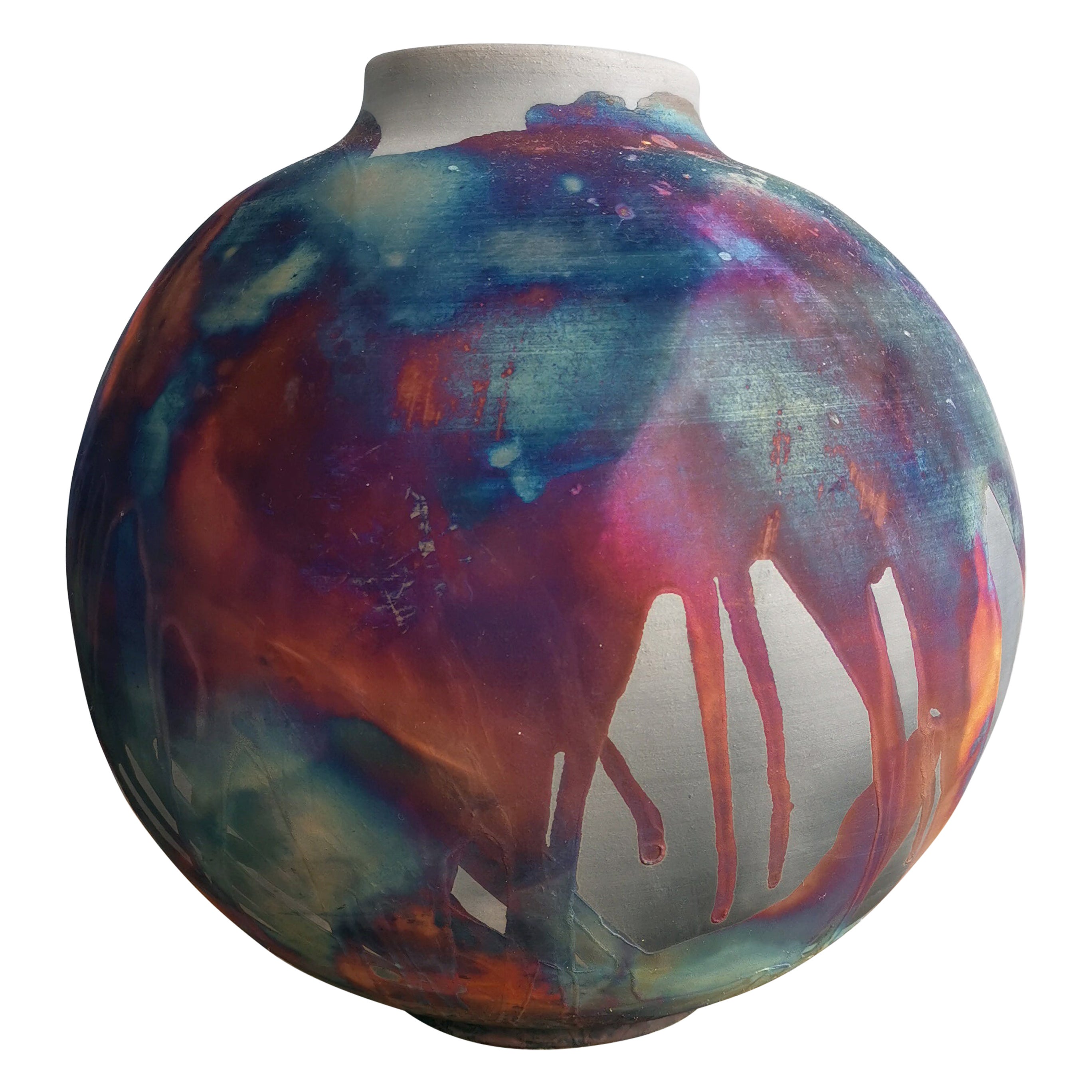 Raaquu Raku Fired Large Globe Vase S/N0000585 Centerpiece Art Series For Sale