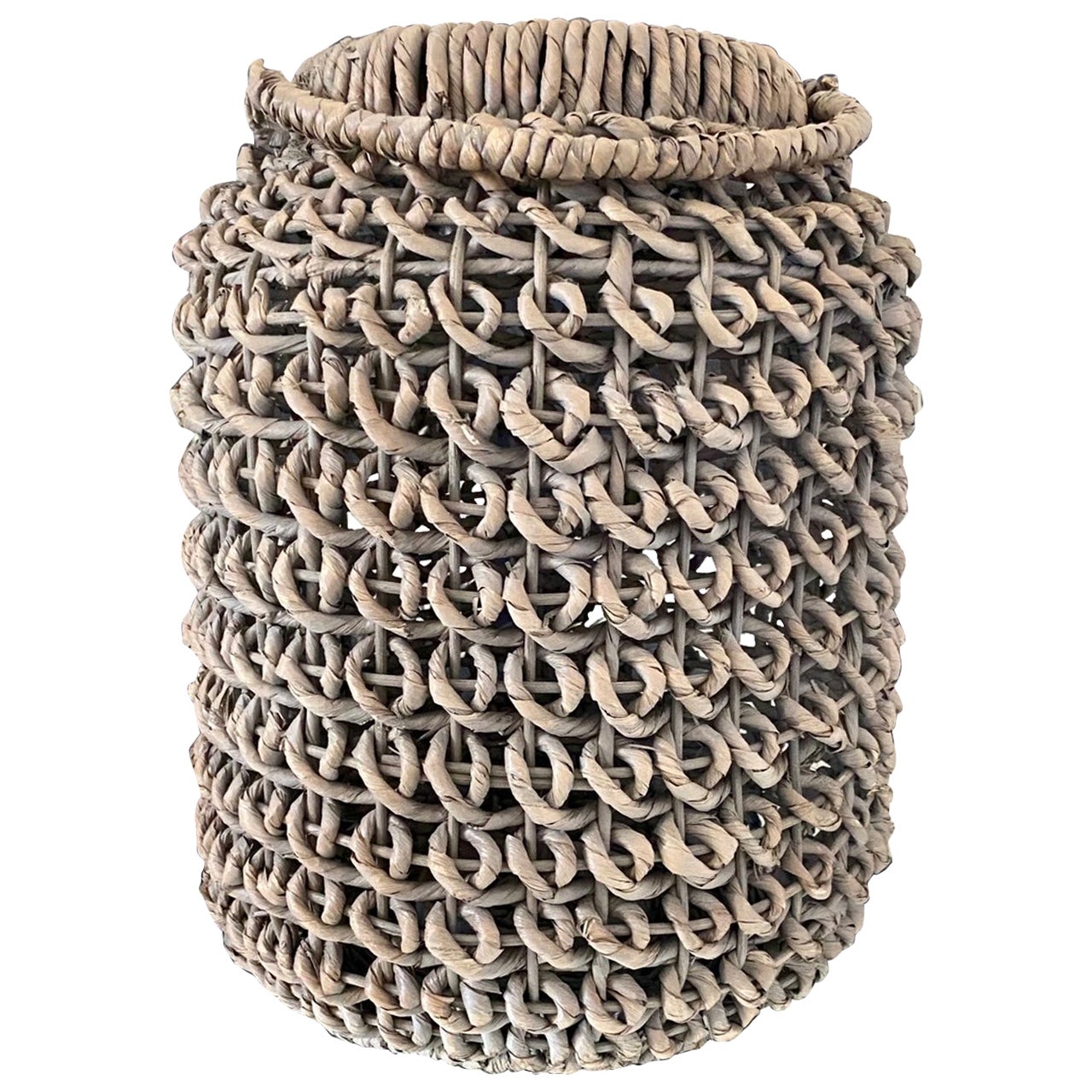 Woven Rattan Water Hyacinth Floor Lantern with Handle, Large For Sale