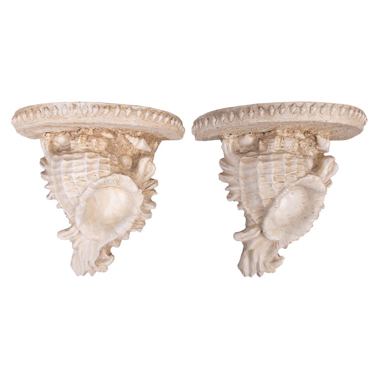 Pair of Vintage Coastal Nautical Faux Seashell Brackets Shelves Corbels