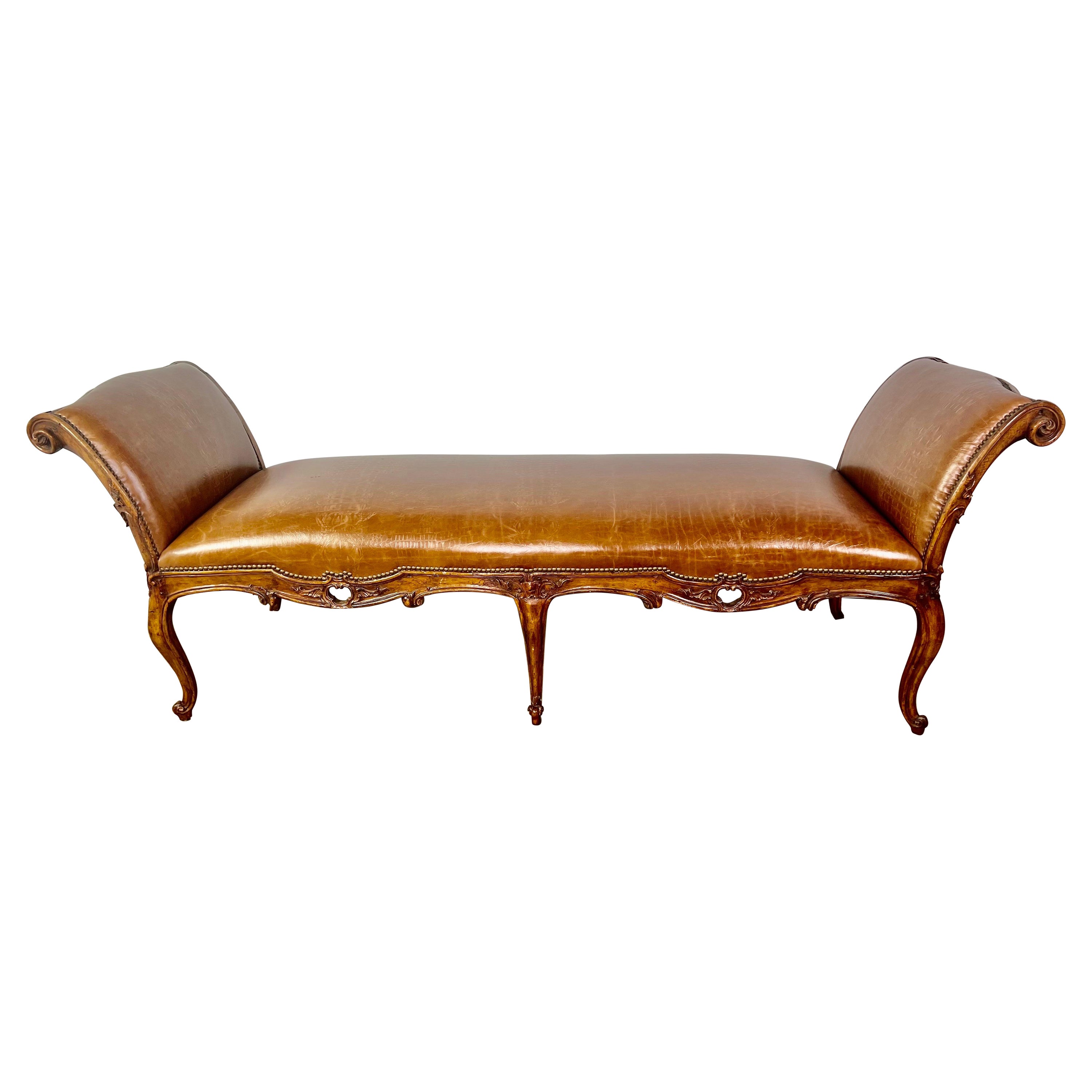 19th Century French Embossed Leather Four Legged Bench