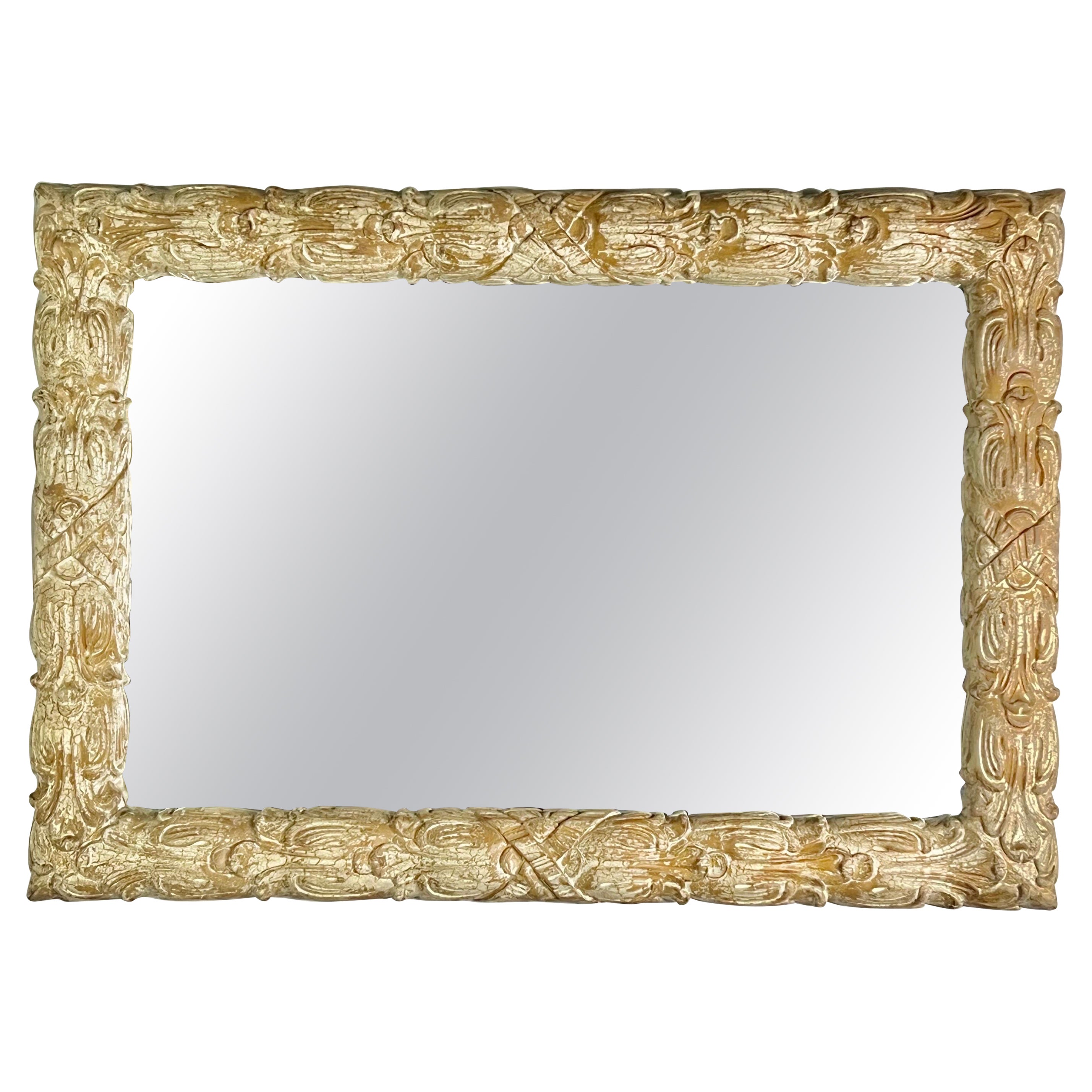 French Carved Wood Mirror with Custom Crackle Finish