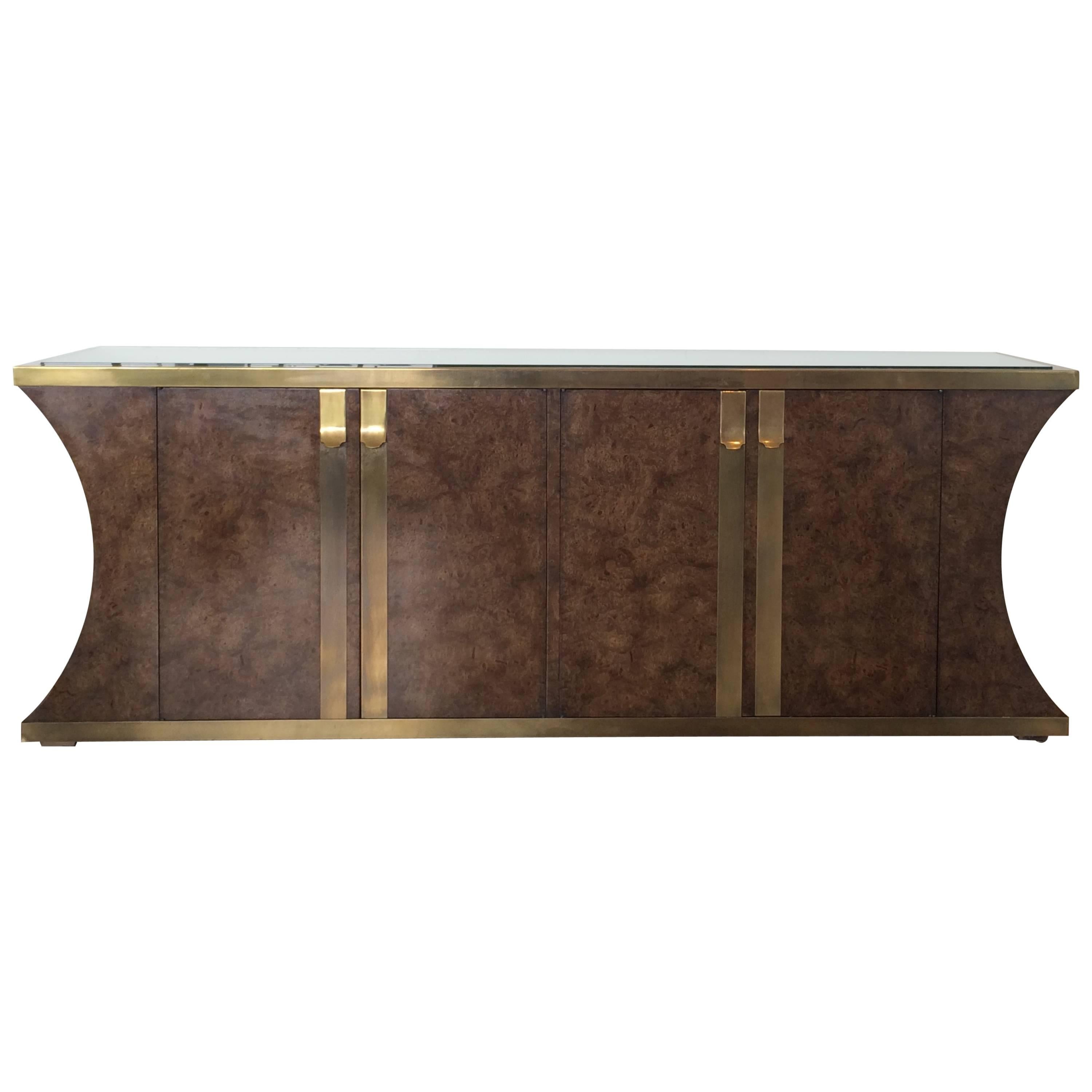 Burlwood and Aged Brass Credenza by Mastercraft 