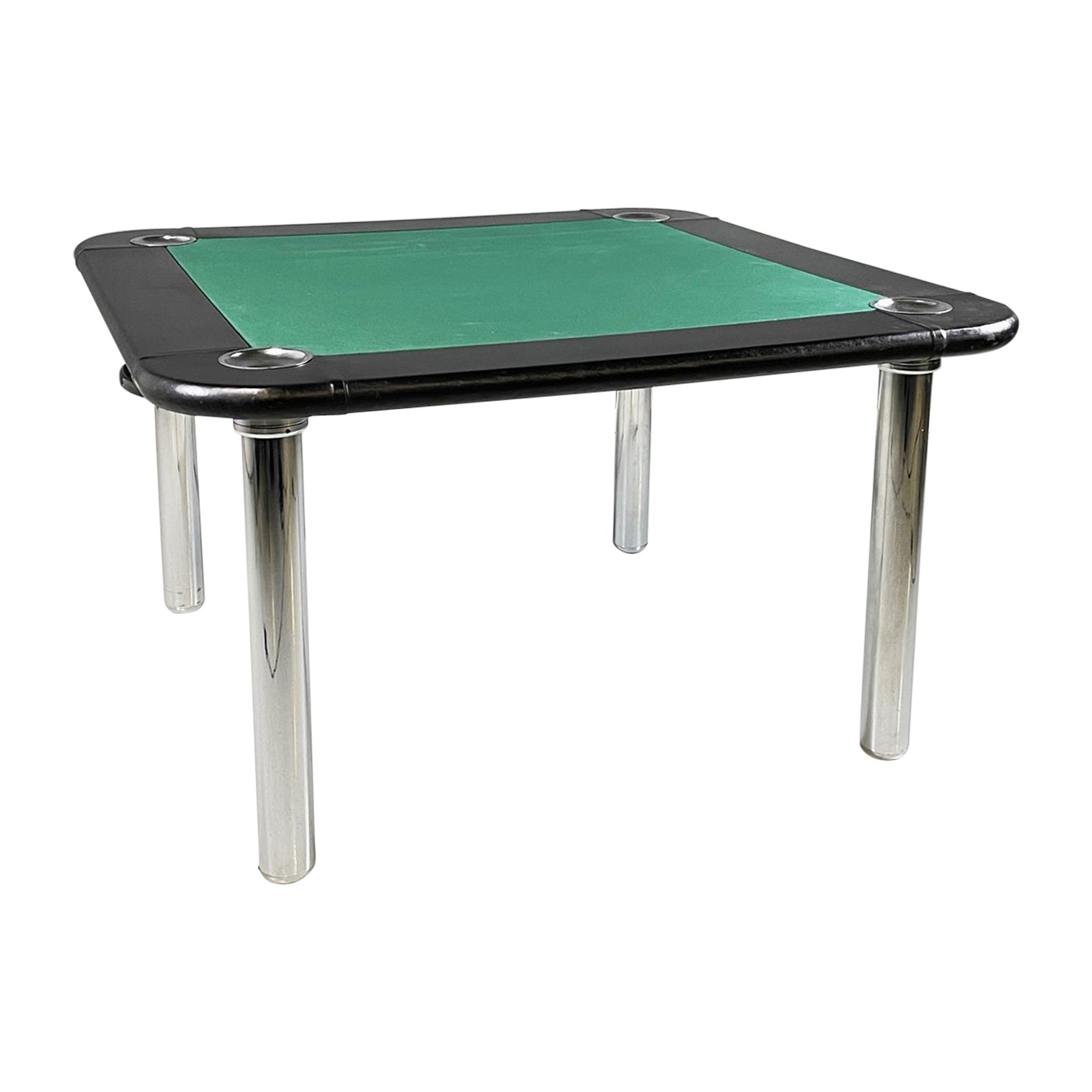 Italian Modern Game Table in Green Fabric Black Leather and Chromed Steel, 1970s For Sale