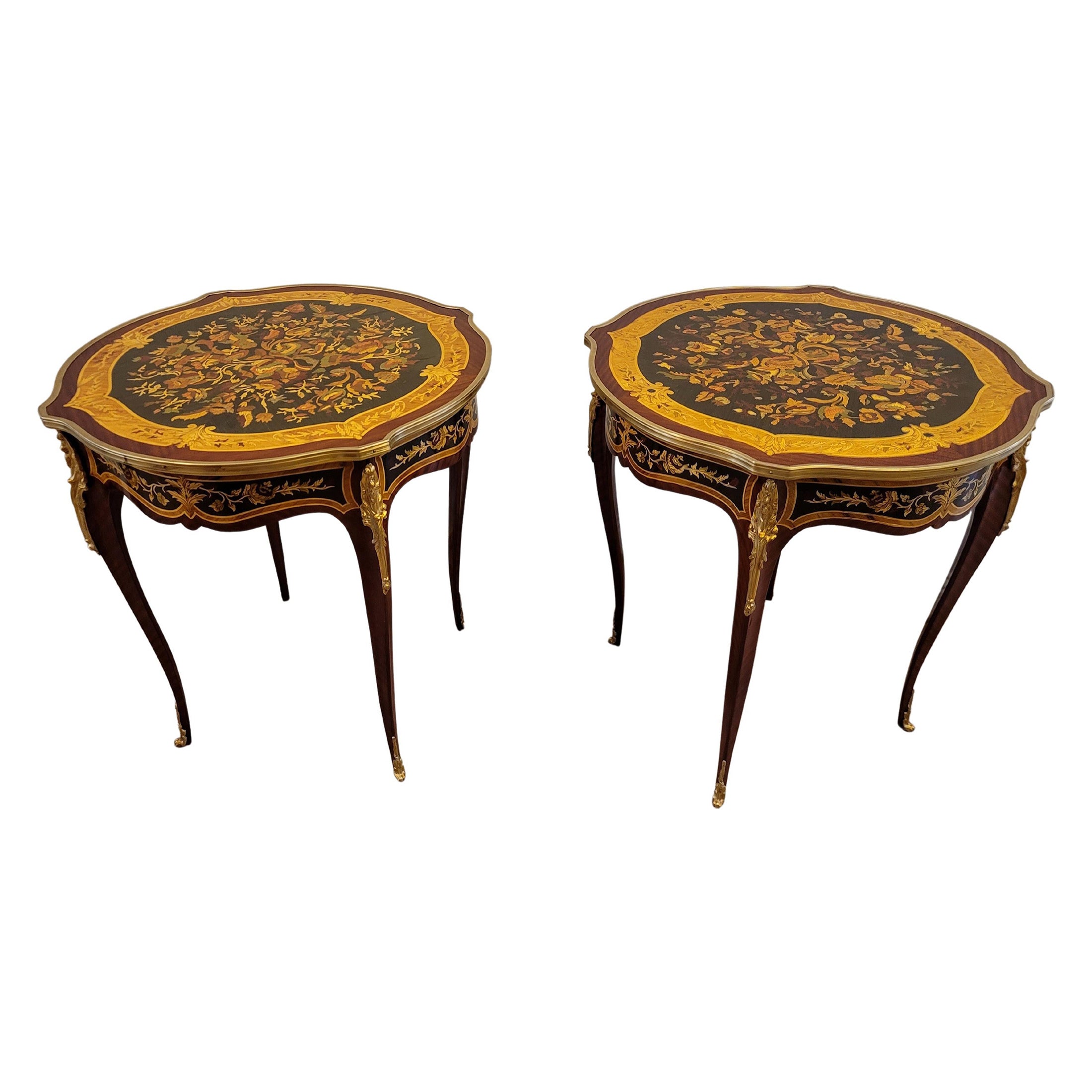 Fine Pair French Louis XV Style Gilt Bronze Mounted Floral Marquetry Side Tables For Sale