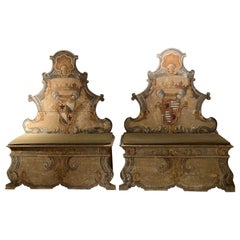 Pair of Italian 18th Century Baroque Armorial Painted Cassapanca Benches