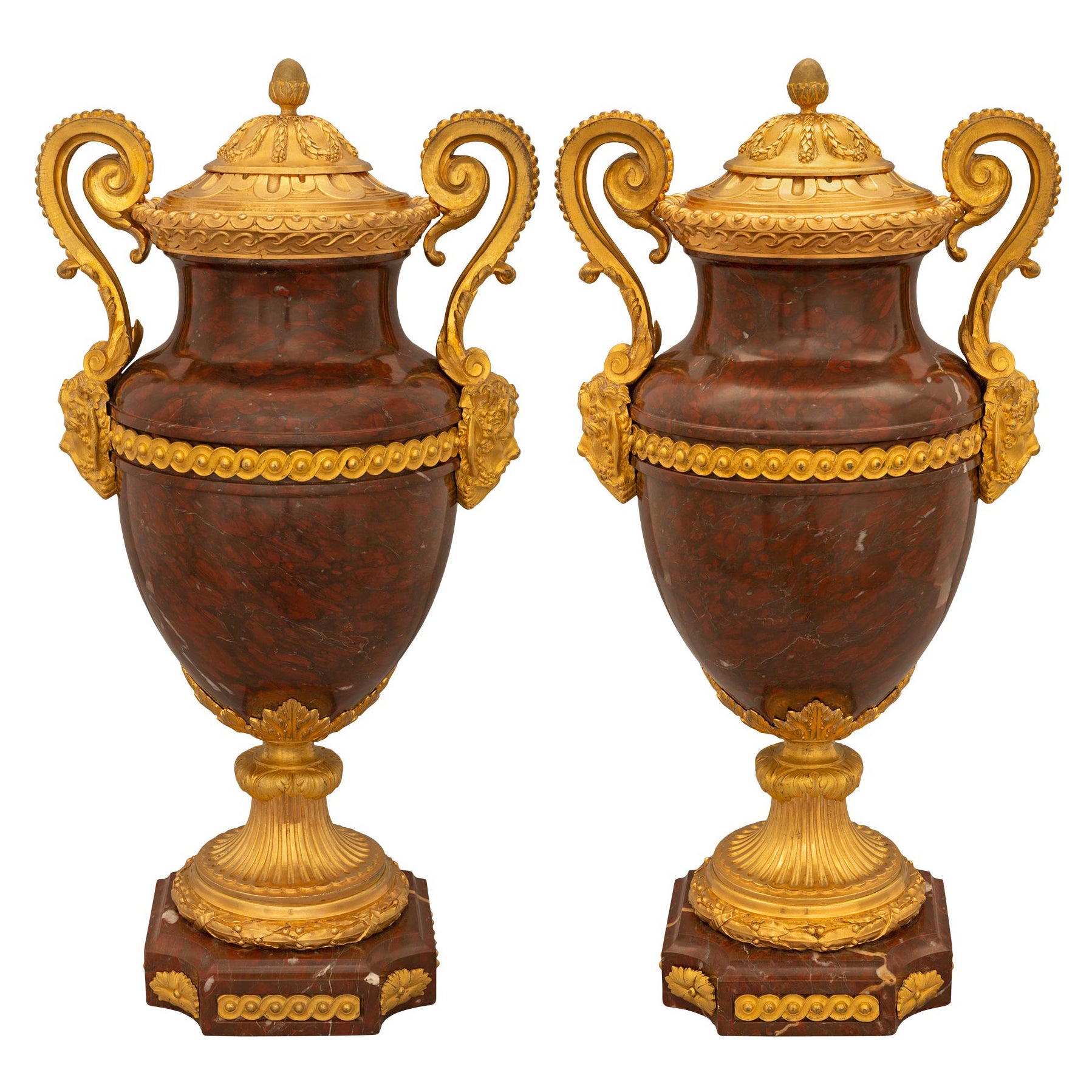 Pair of French 19th Century Louis XVI St. Ormolu, Silvered Bronze & Marble Urns