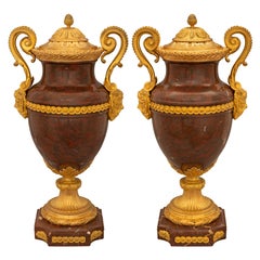 Pair of French 19th Century Louis XVI St. Ormolu, Silvered Bronze & Marble Urns