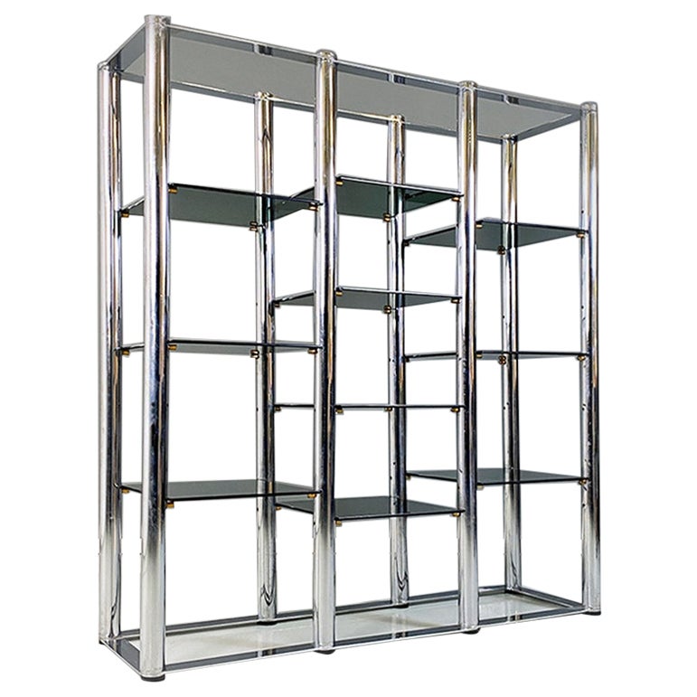 Italian Modern Chromed Steel and Smoked Glass Self Supporting Bookcase, 1970s