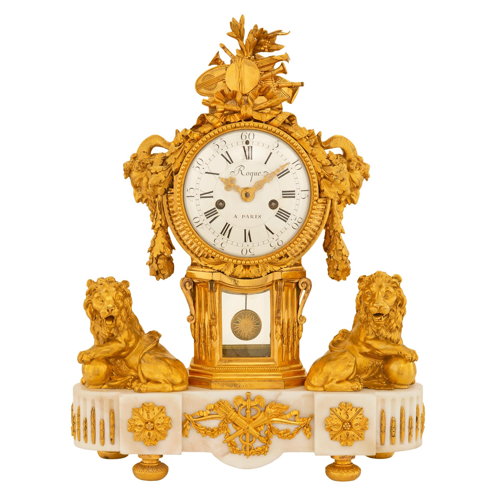 Horloge française du 19ème siècle de style Louis XVI en bronze doré par Roque, Paris en vente