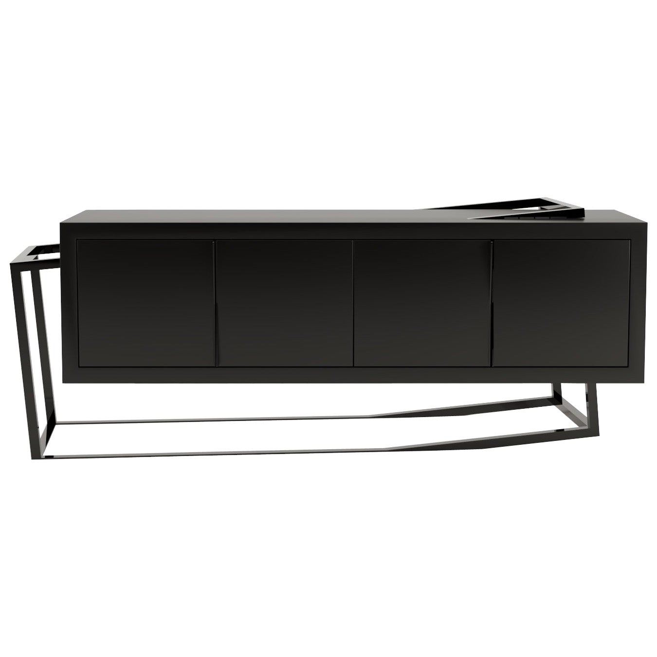 Modern Accent Credenza Sideboard Black Oak Wood High-Gloss Black Lacquered Steel For Sale