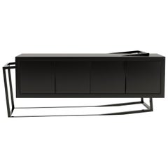 Modern Accent Credenza Sideboard Black Oak Wood High-Gloss Black Lacquered Steel