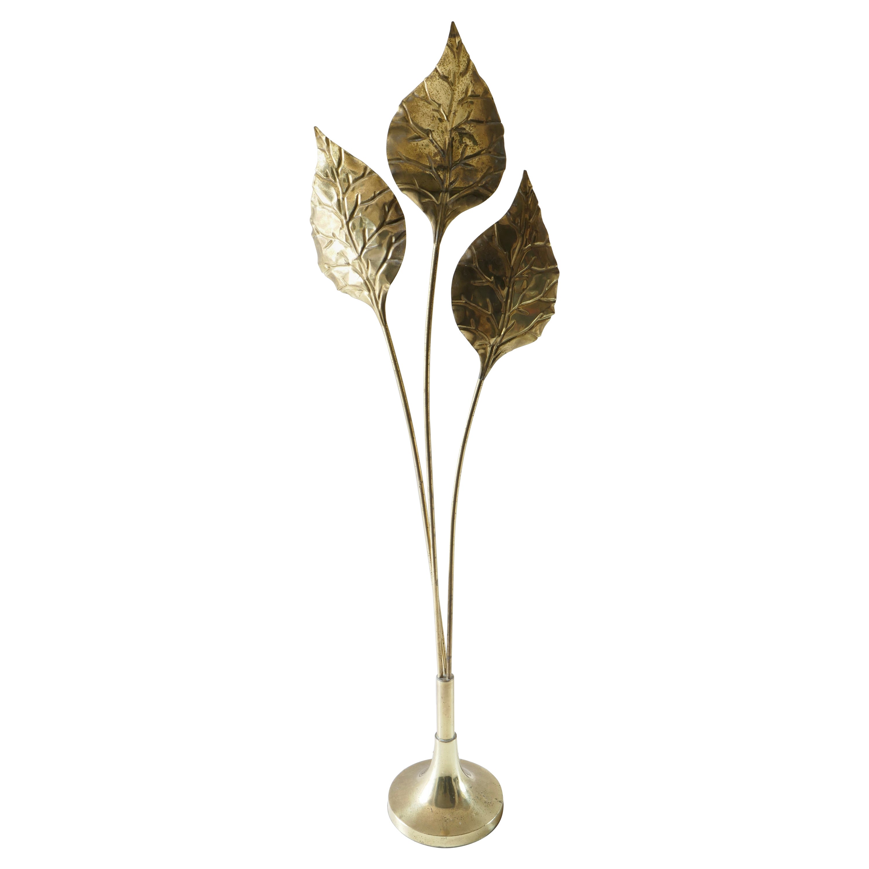 Brass 3 Lights, Leaf Shaped Floor Lamp, Tommaso Barbi Style, Italy, 1970s For Sale
