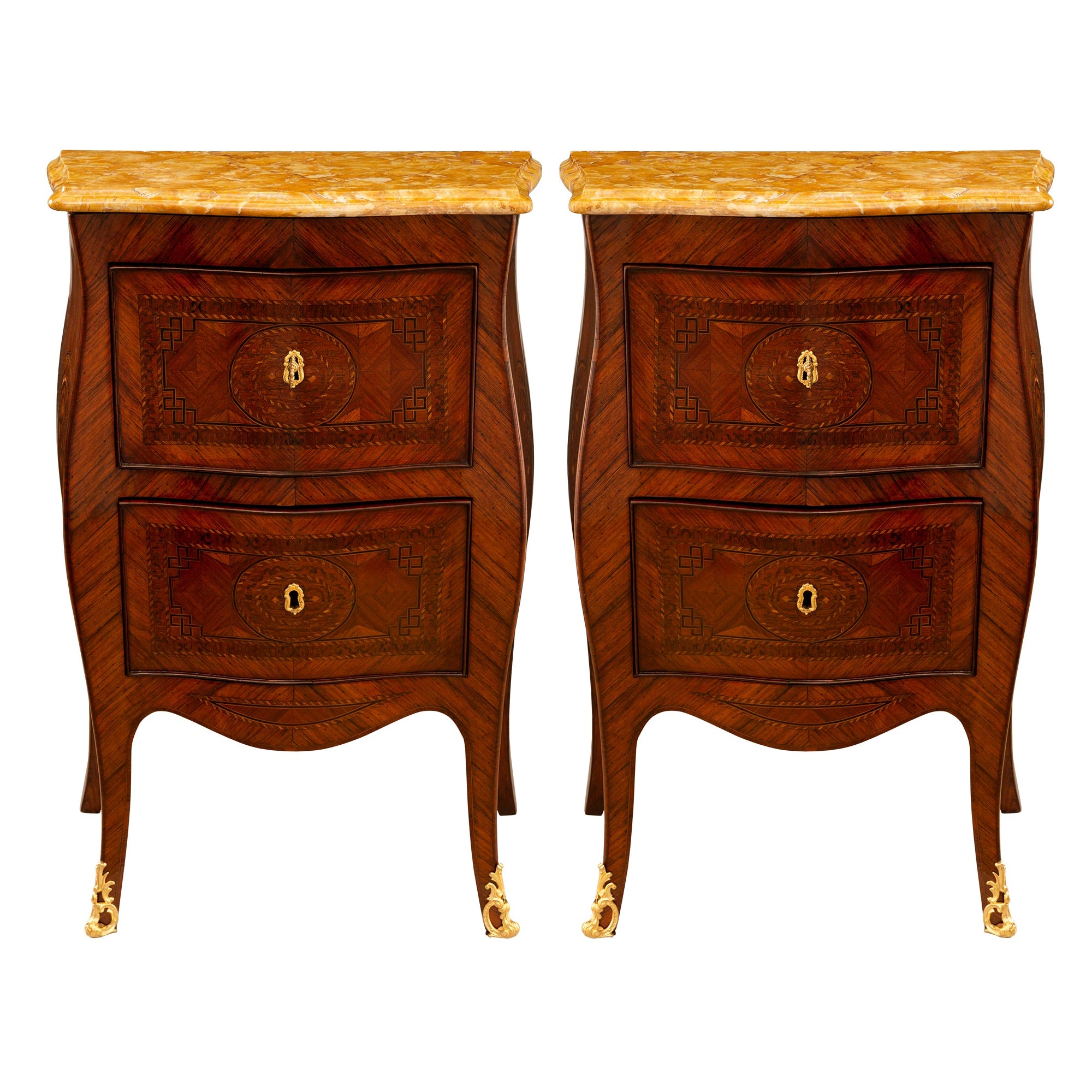 Pair of Italian 19th Century Louis XV St. Kingwood, Ormolu and Marble Commodes For Sale