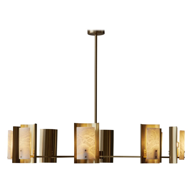 Brass and Alabaster Shield Chandelier by Glustin Luminaires For Sale at