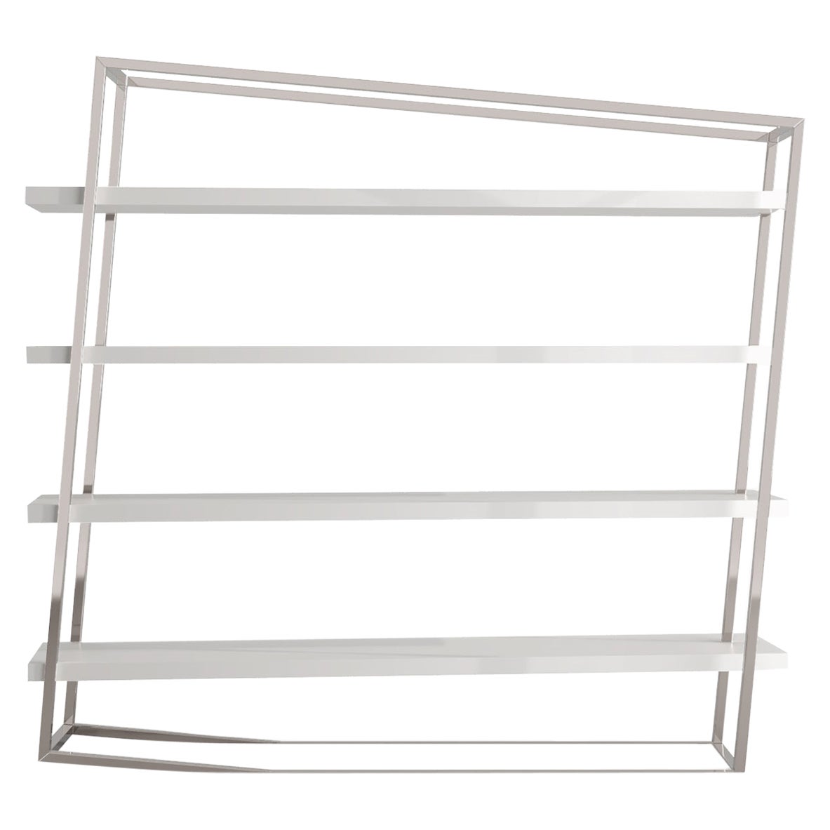 Modern Large Accent Bookcase with Shelves White Lacquer Brushed Stainless Steel For Sale