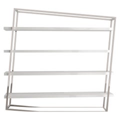 Modern Large Accent Bookcase with Shelves White Lacquer Brushed Stainless Steel