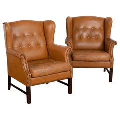 Pair, Vintage Brown Leather Wing Back Arm Chairs, Denmark circa 1960s