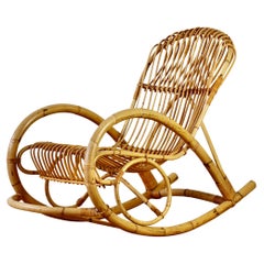 Franco Albini Style Mid-Century Bent Bamboo and Rattan Rocking Lounge Chair