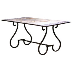 Antique 19th Century French Wrought Iron Outdoor Table with Ceramic Mosaic Top