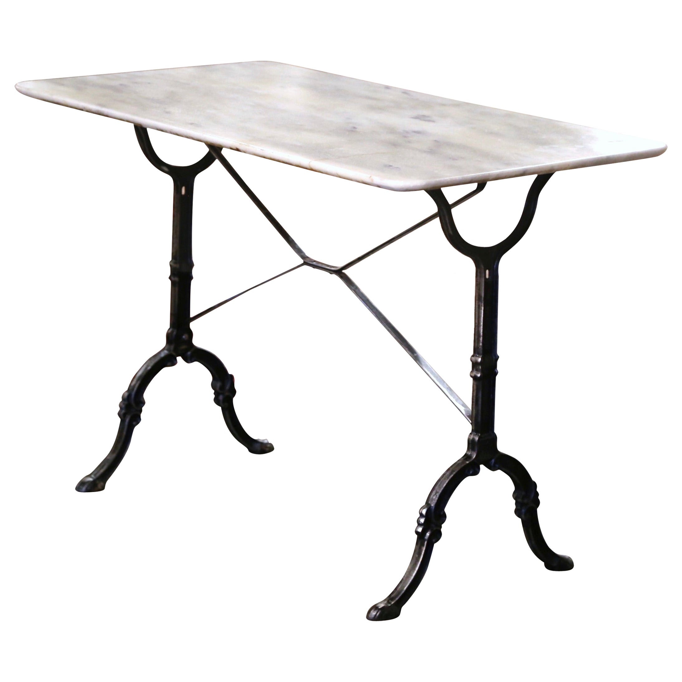 Midcentury French Marble Top Polished Cast Iron Bistrot Trestle Table