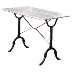 Antique Midcentury French Marble Top Polished Cast Iron Bistrot Trestle Table