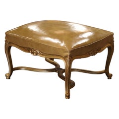 19th Century French Louis XV Tan Leather Carved Giltwood Stool