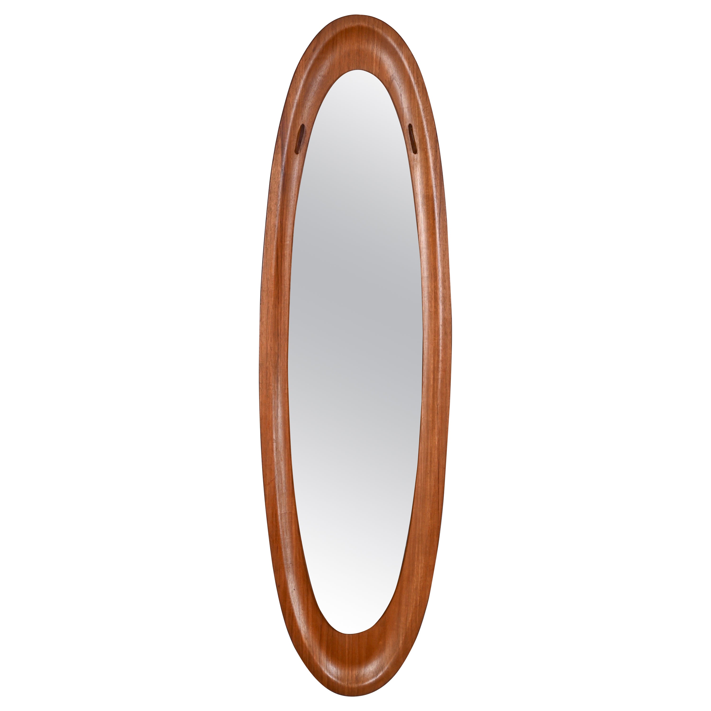 Mid-Century Campo & Graffi Curved Teak Wood Oval Wall Mirror, Italy, 1960s For Sale