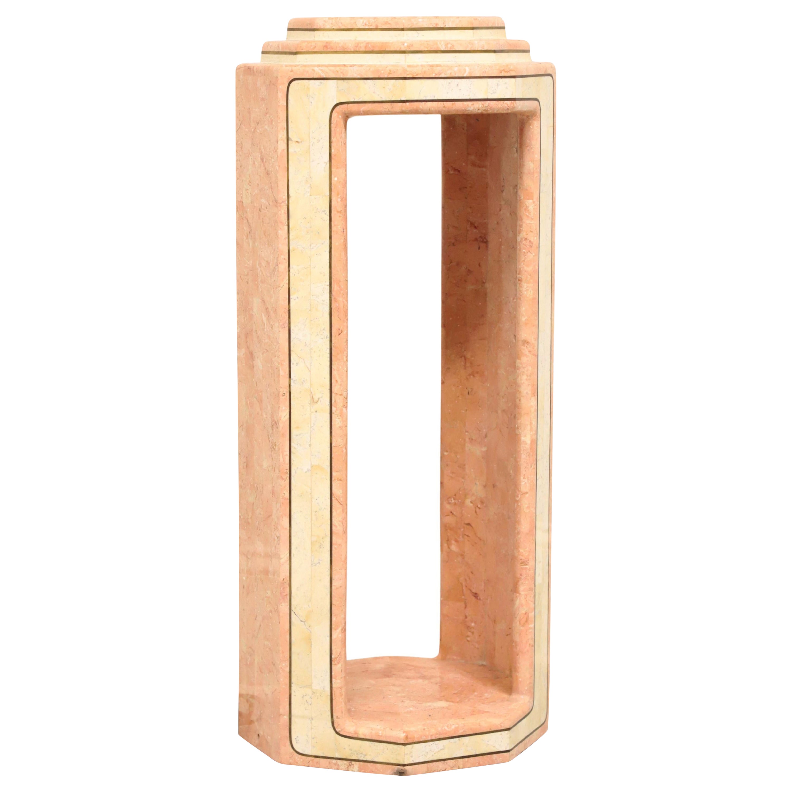 CASA BIQUE Pink & White Tessellated Marble Lighted Art Deco Display Column For Sale