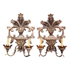 Pair of Mid-Century Italian Carved and Iron Silver Leaf Wall Sconces