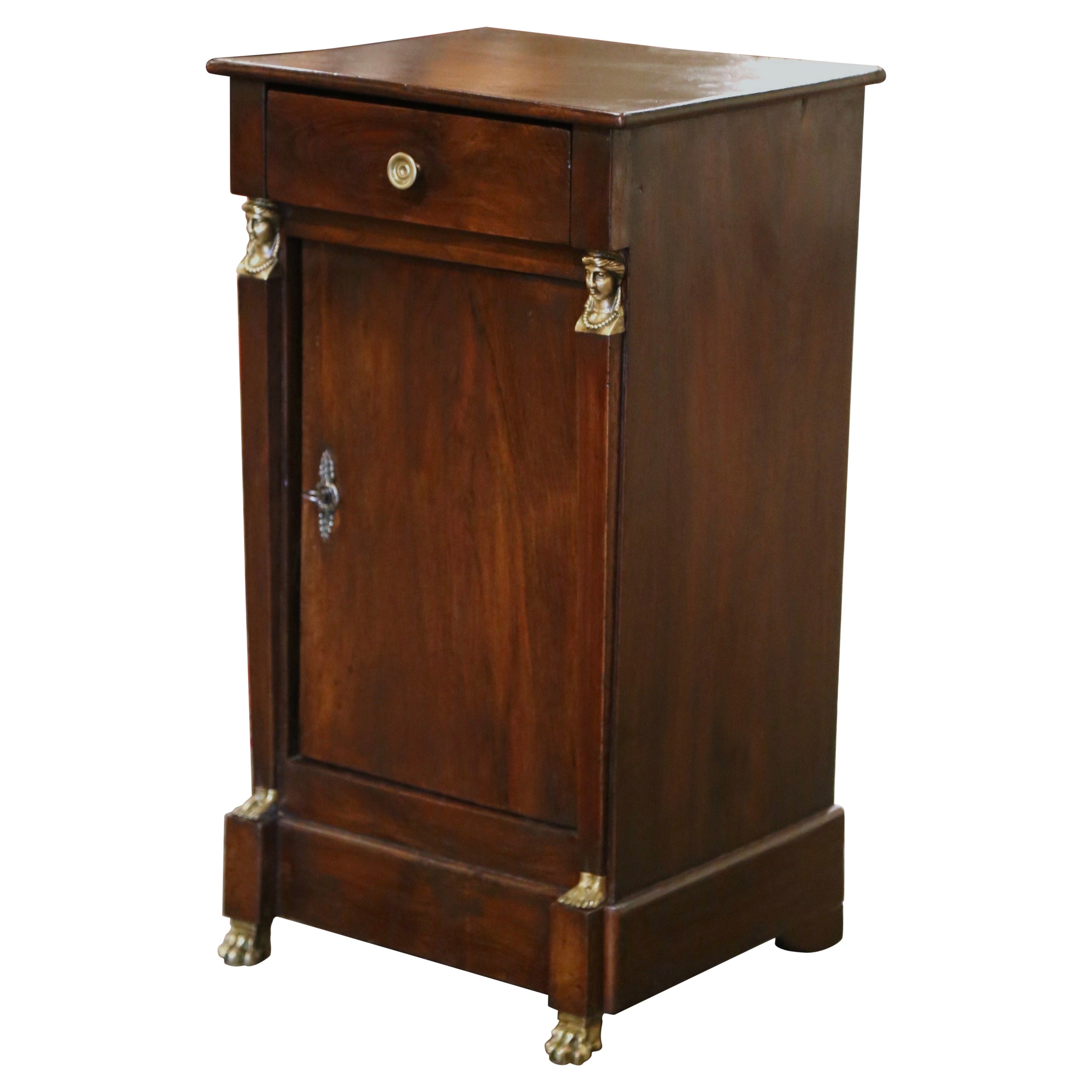 19th Century French Empire Mahogany Nightstand Bedside Table with Bronze Mounts