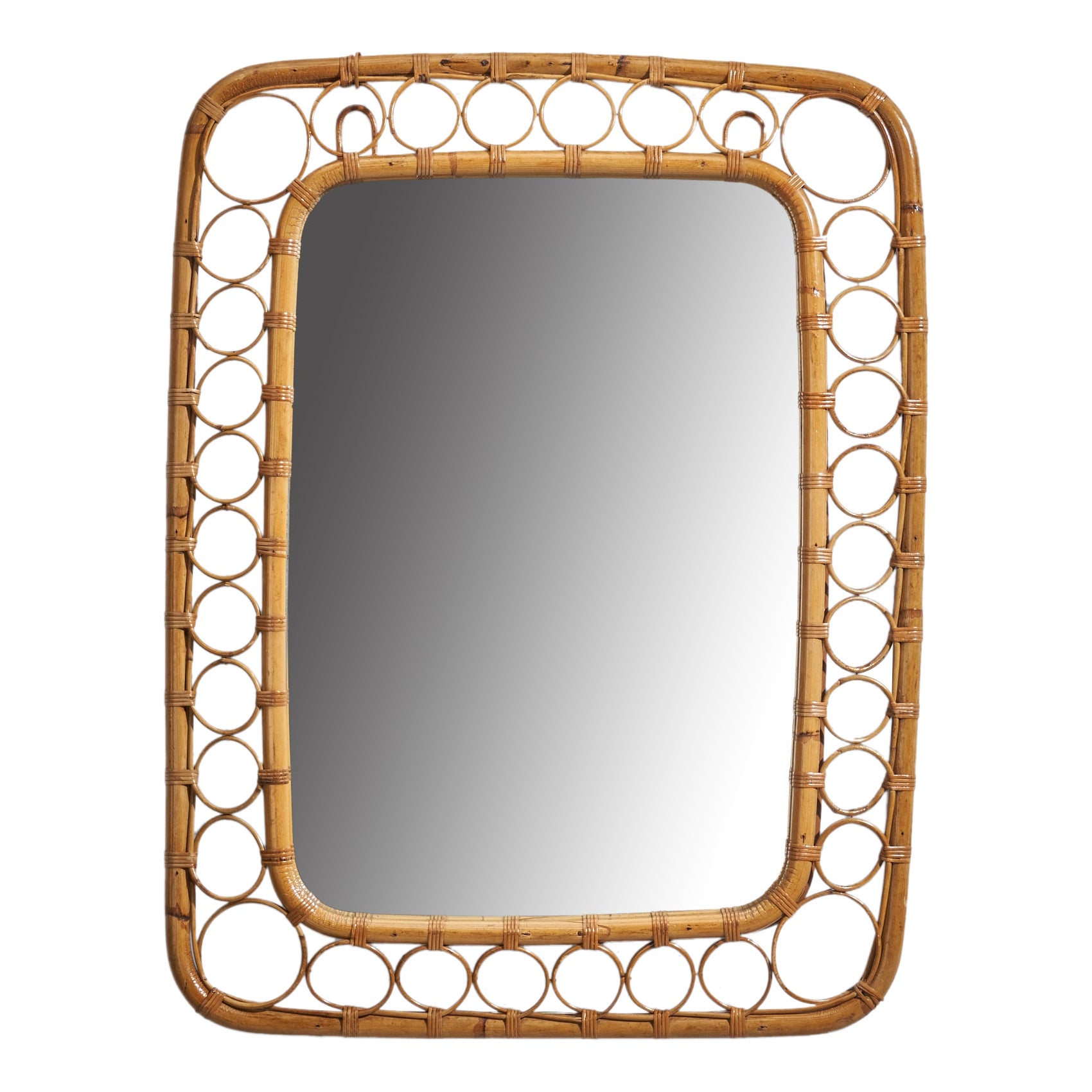 Italian Designer, Wall Mirror, Rattan, Bamboo, Mirror, Italy, 1960s For Sale