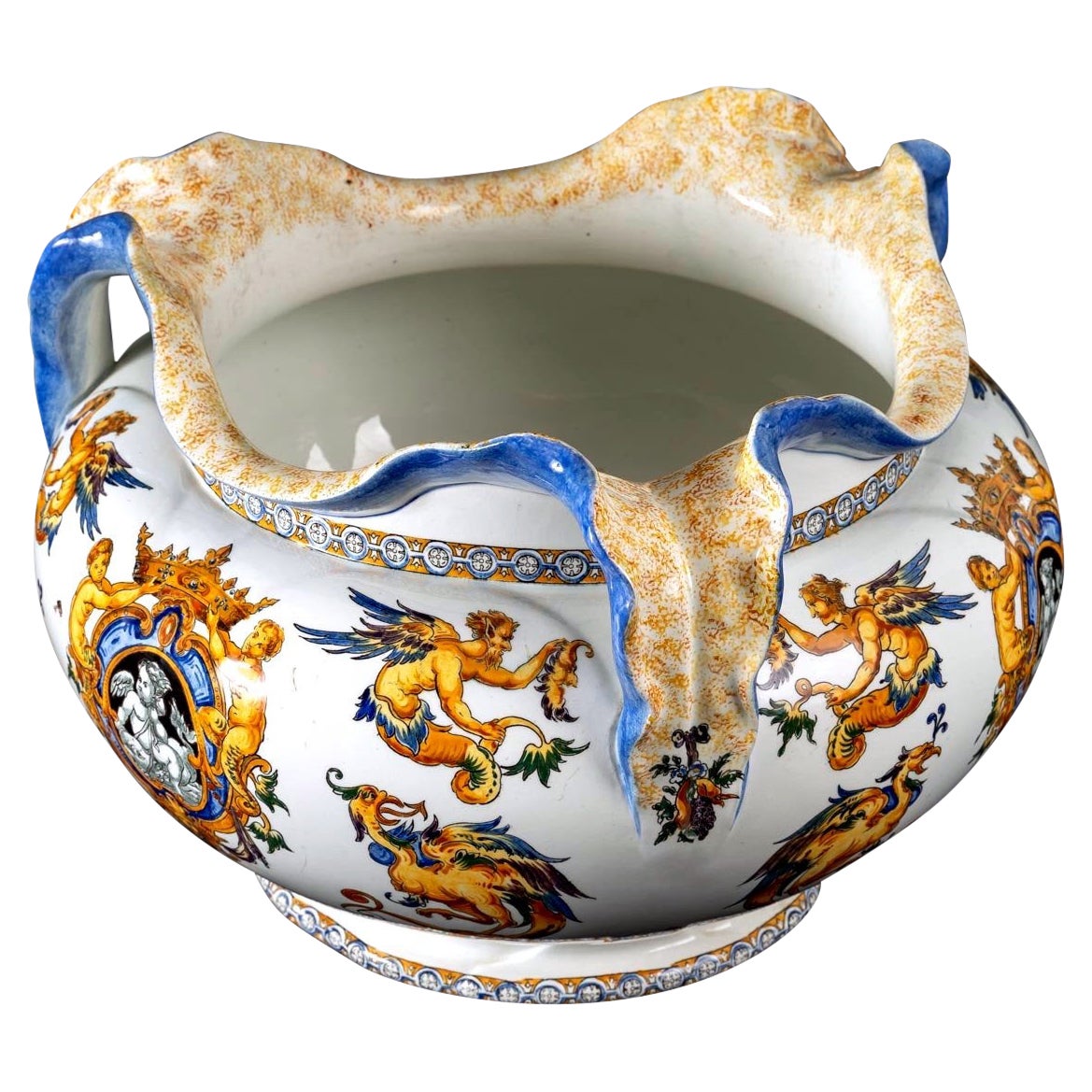 Grand pot à cache ancien, faïence de Gien, décor Renaissance italienne, XIXème en vente