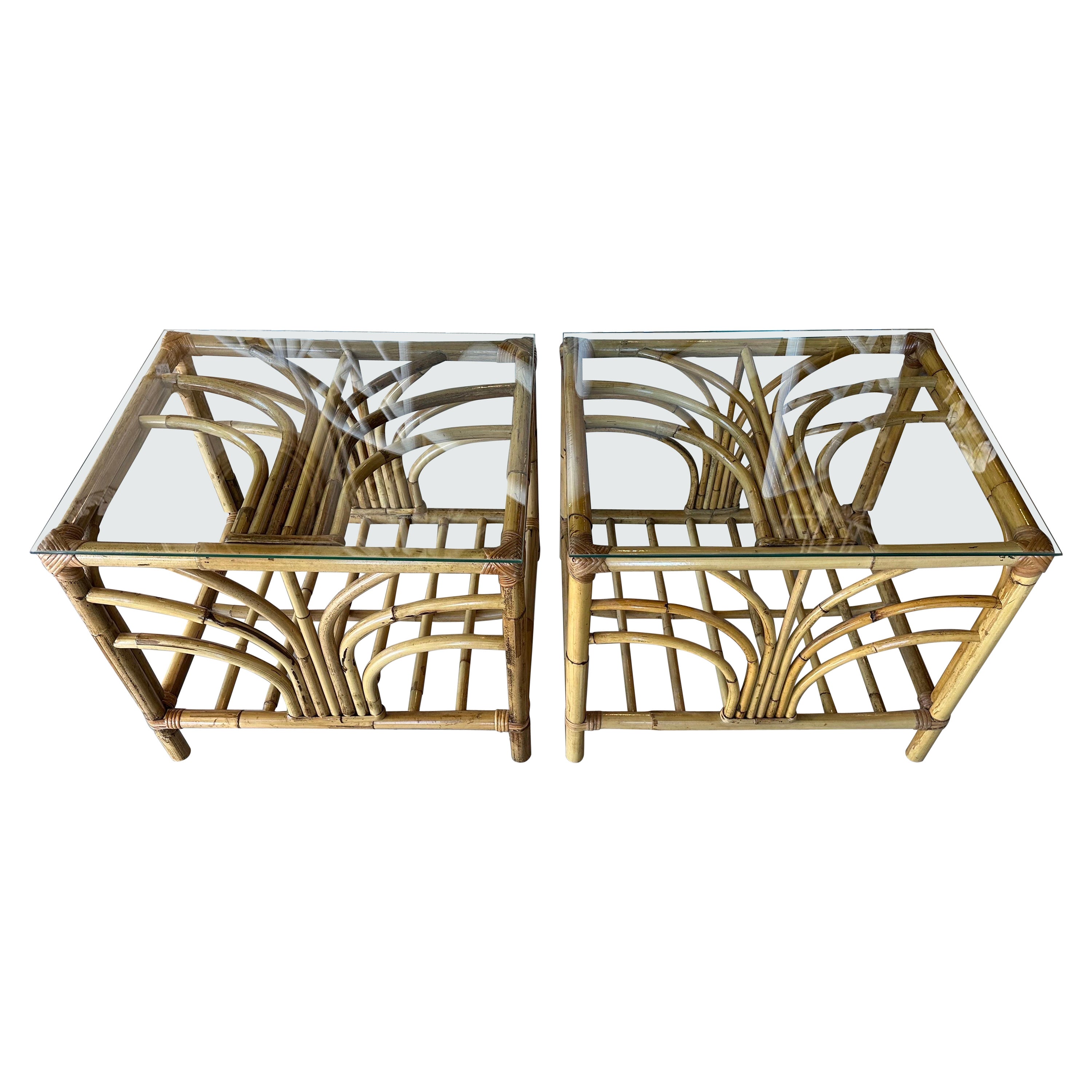 Vintage Palm Beach Pair Rattan Bamboo Starburst End Side Tables Glass Tops For Sale