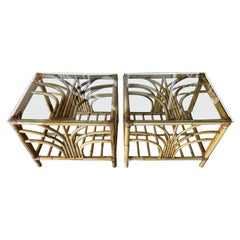 Retro Palm Beach Pair Rattan Bamboo Starburst End Side Tables Glass Tops