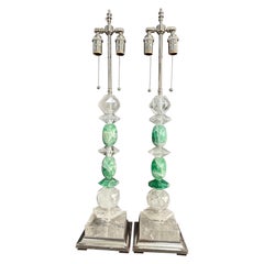 Wonderful Mid-Century Modern Pair Rock Green Quartz Crystal Silver Gilt Lamps