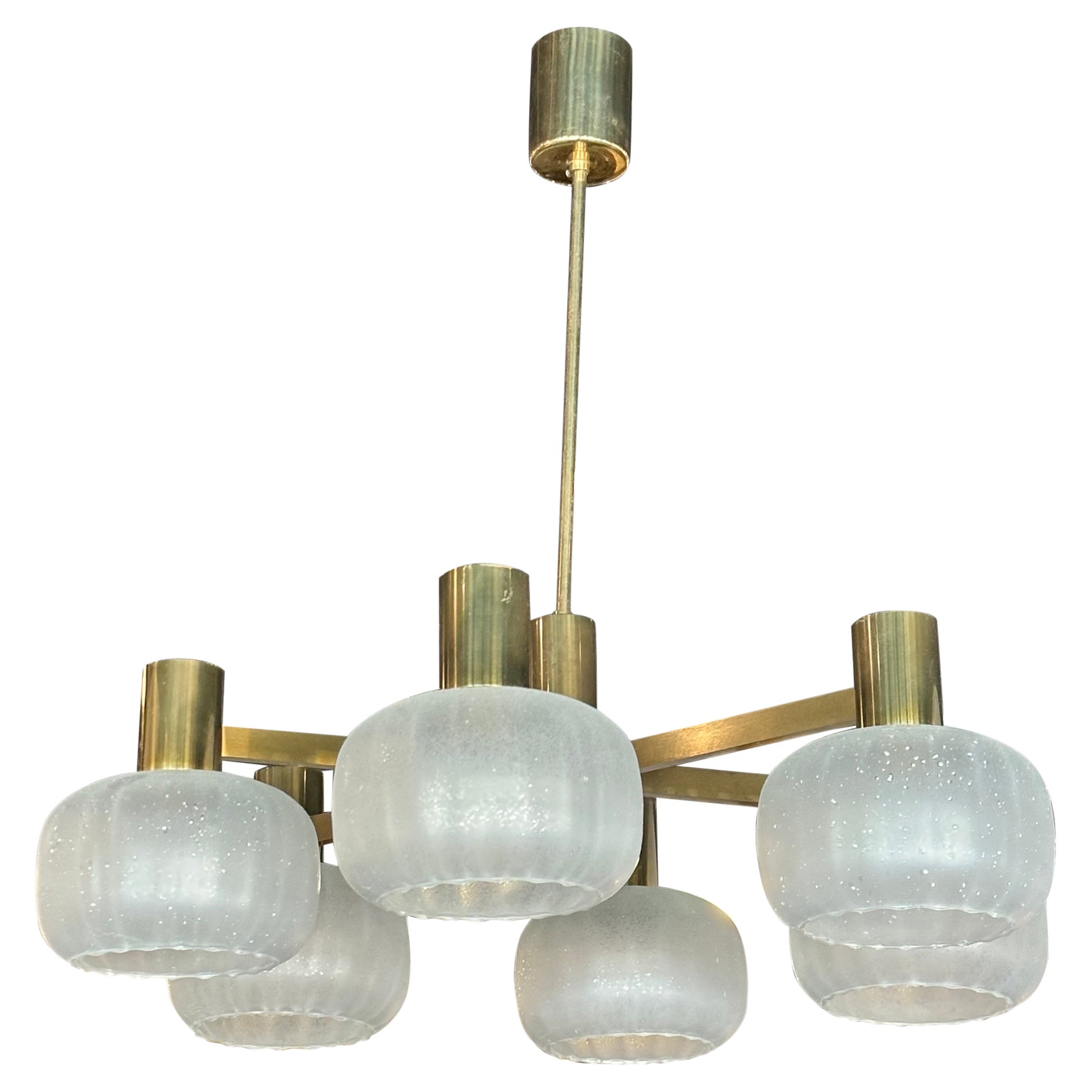 Vintage 1960s Brass & Blown Glass 6 Light Chandelier Hans-Agne Jakobsson Style For Sale