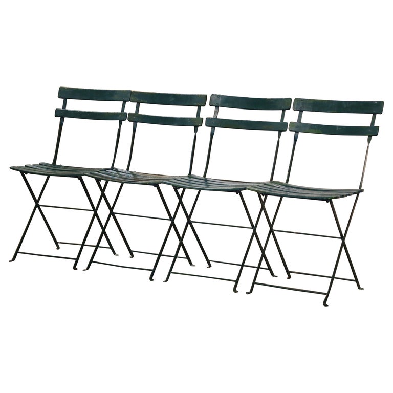 Midcentury French Green Painted Wood and Iron Folding Garden Chairs