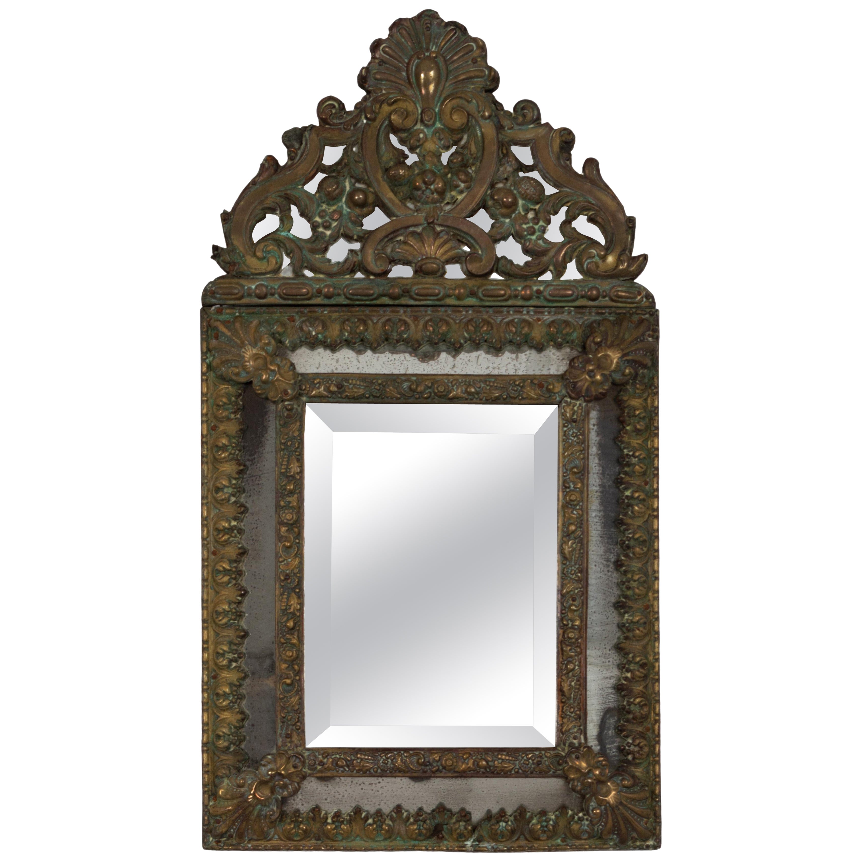 Antique 19th Century Dutch Brass Repousse Cushion Mirror, circa 1880 For Sale