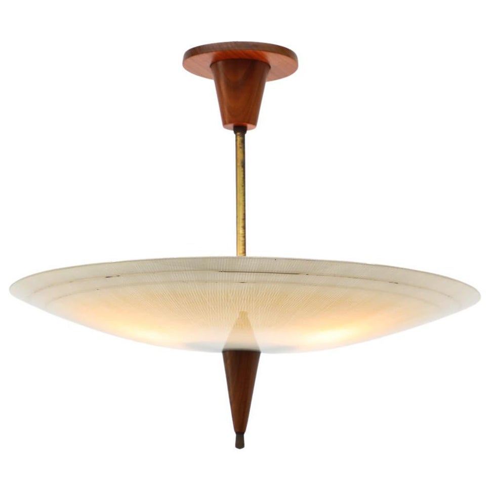1950s Glass Rondelle Ceiling Pendant with Patterned Glass, Teak & Brass Details For Sale