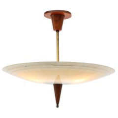 Vintage 1950s Glass Rondelle Ceiling Pendant with Patterned Glass, Teak & Brass Details