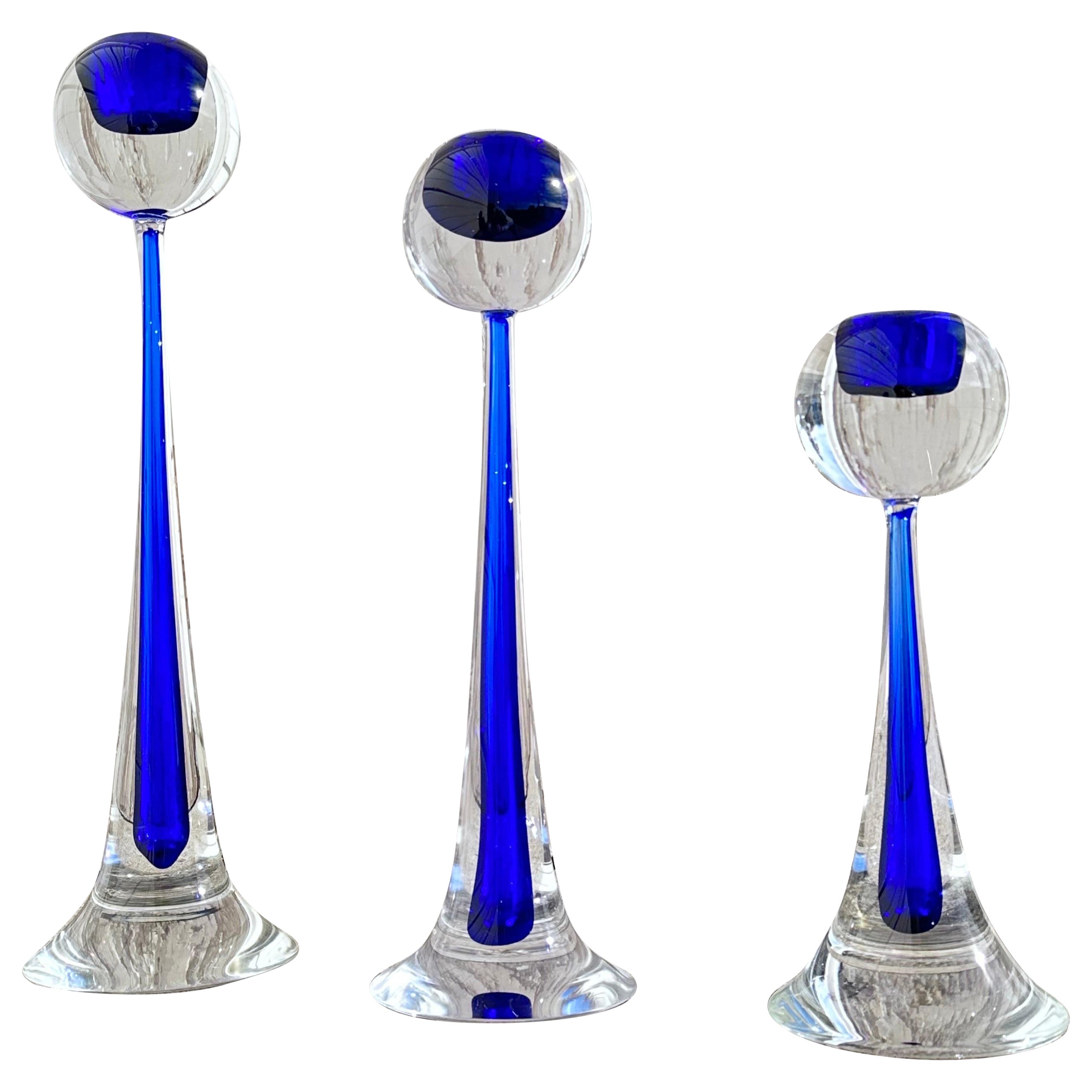 Set of Three Modernist Hand Blown Murano Blue Glass Candlesticks Cenedese For Sale