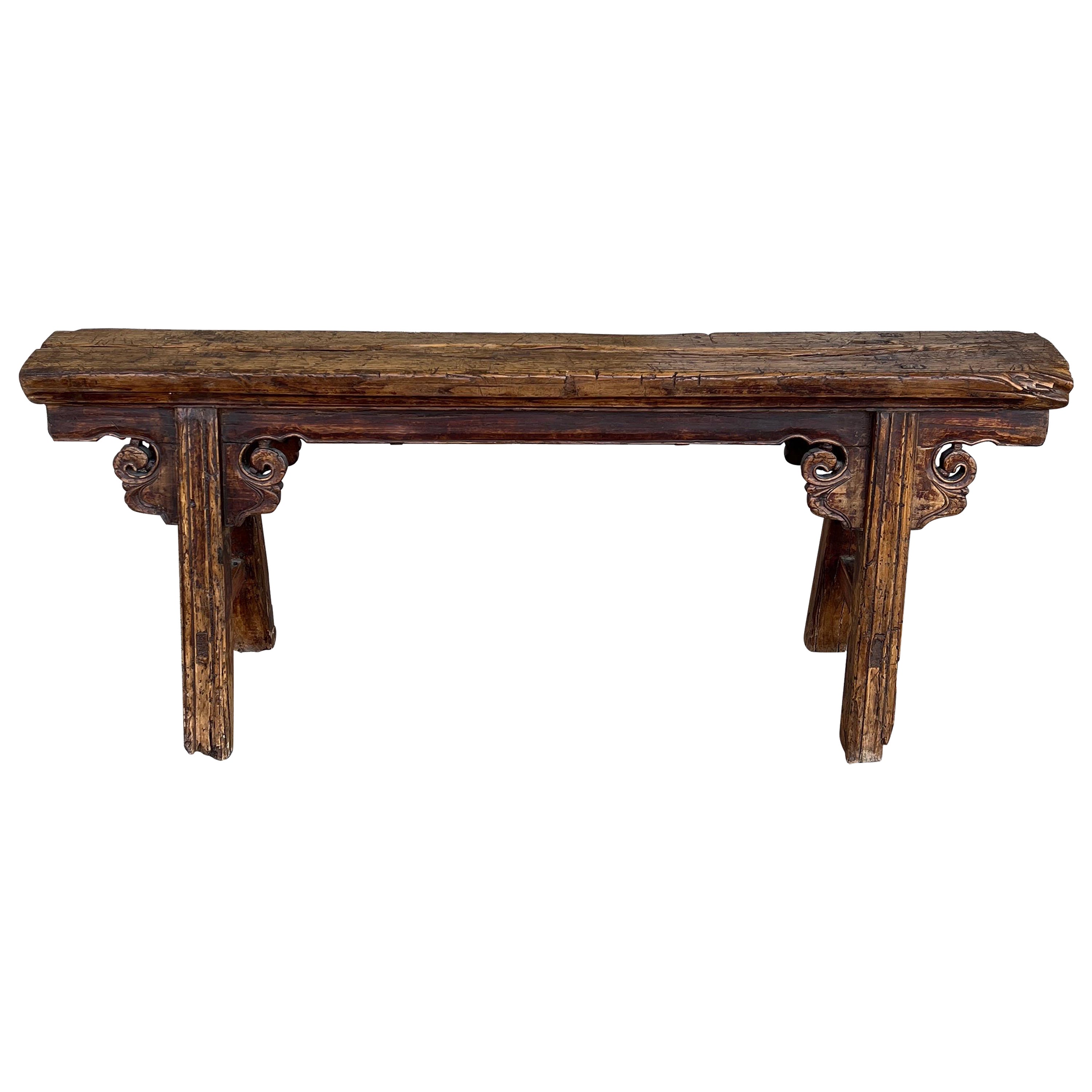 19th Century Chinese Two Person Elm Bench