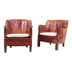 Pair of Lounge Chairs in Patinated Leather and Boucle, 1940s