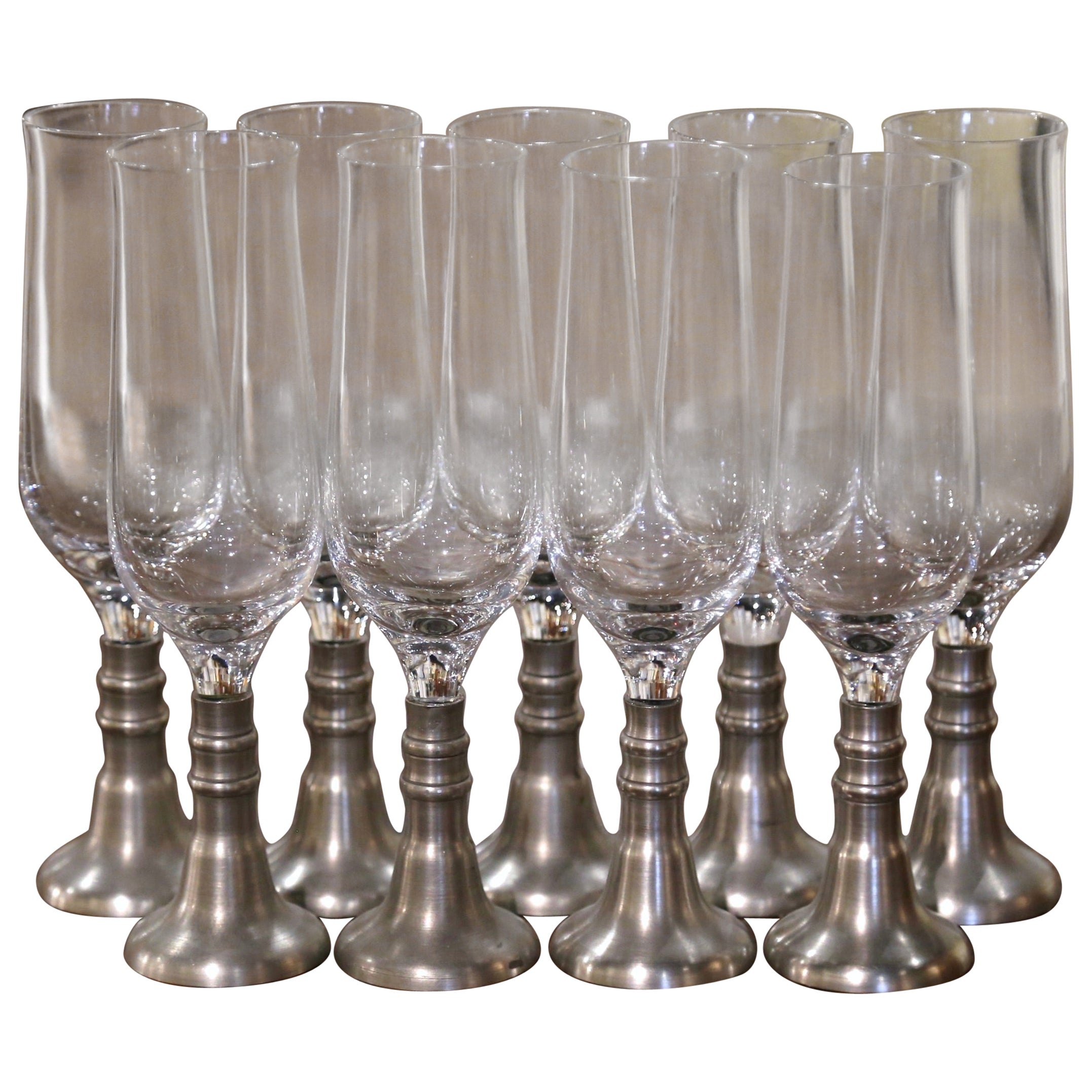 Set of 9 Vintage French Pewter and Glass Champagne Flutes